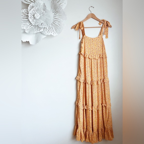 Ivy Street Floral Ditsy Print Yellow Tiered Maxi Dress Bow Tie Square Neck Flowy - Picture 2 of 11